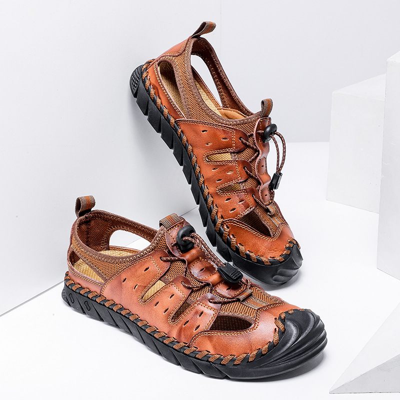 Ademende Heren Strandschoenen Grote Maat Sandalen Retro Handgestikte Baotou Herensandalen Pantoffels