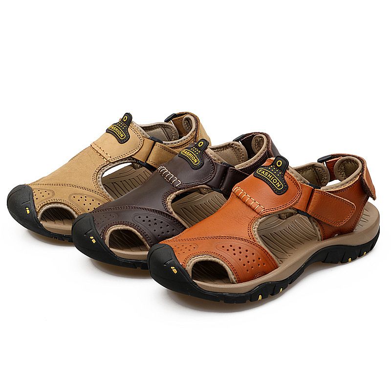 Grote Maat Baotou Outdoor Mannen Strand Sandalen Anti-kick Antislip Anti-collision Koeienhuid Casual Rivier Tracing Jurk Schoenen