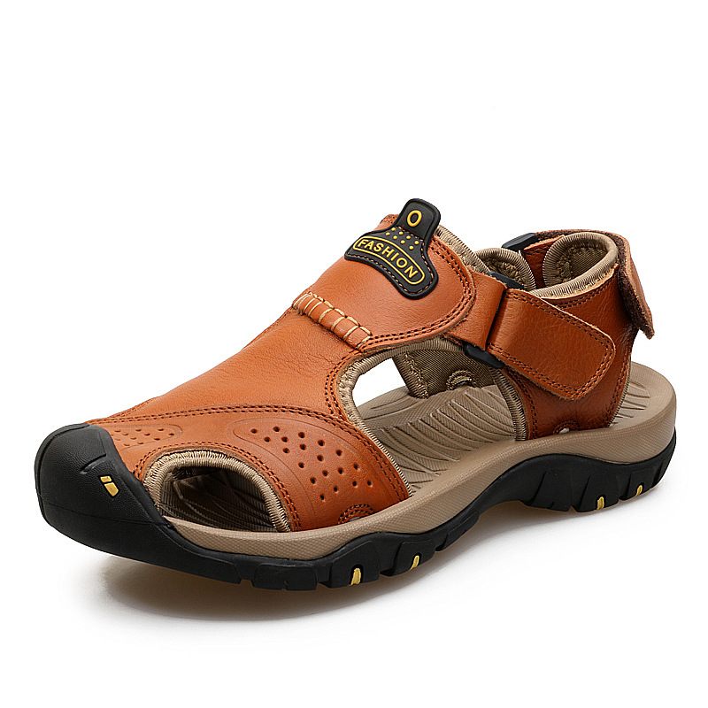 Grote Maat Baotou Outdoor Mannen Strand Sandalen Anti-kick Antislip Anti-collision Koeienhuid Casual Rivier Tracing Jurk Schoenen