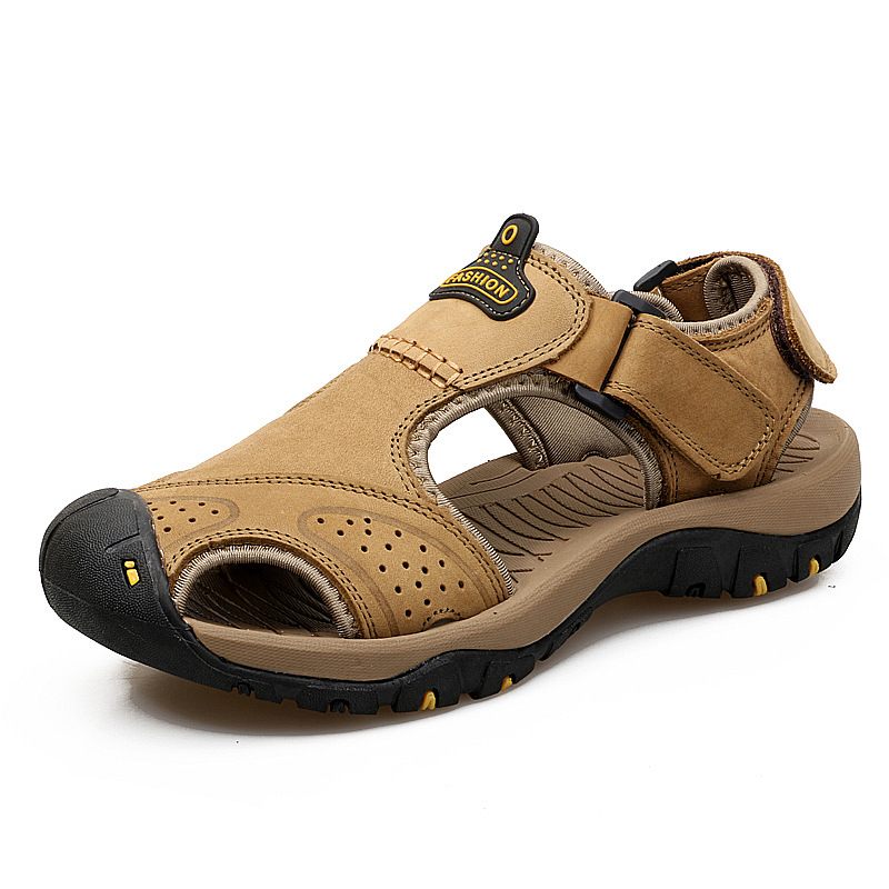 Grote Maat Baotou Outdoor Mannen Strand Sandalen Anti-kick Antislip Anti-collision Koeienhuid Casual Rivier Tracing Jurk Schoenen