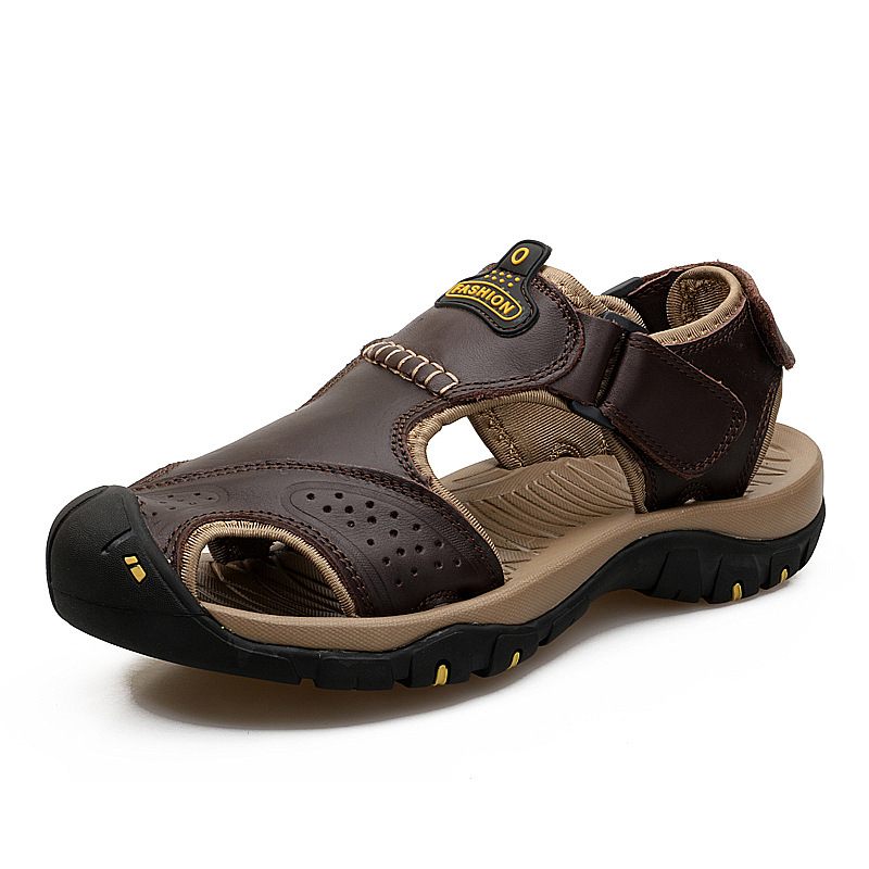 Grote Maat Baotou Outdoor Mannen Strand Sandalen Anti-kick Antislip Anti-collision Koeienhuid Casual Rivier Tracing Jurk Schoenen