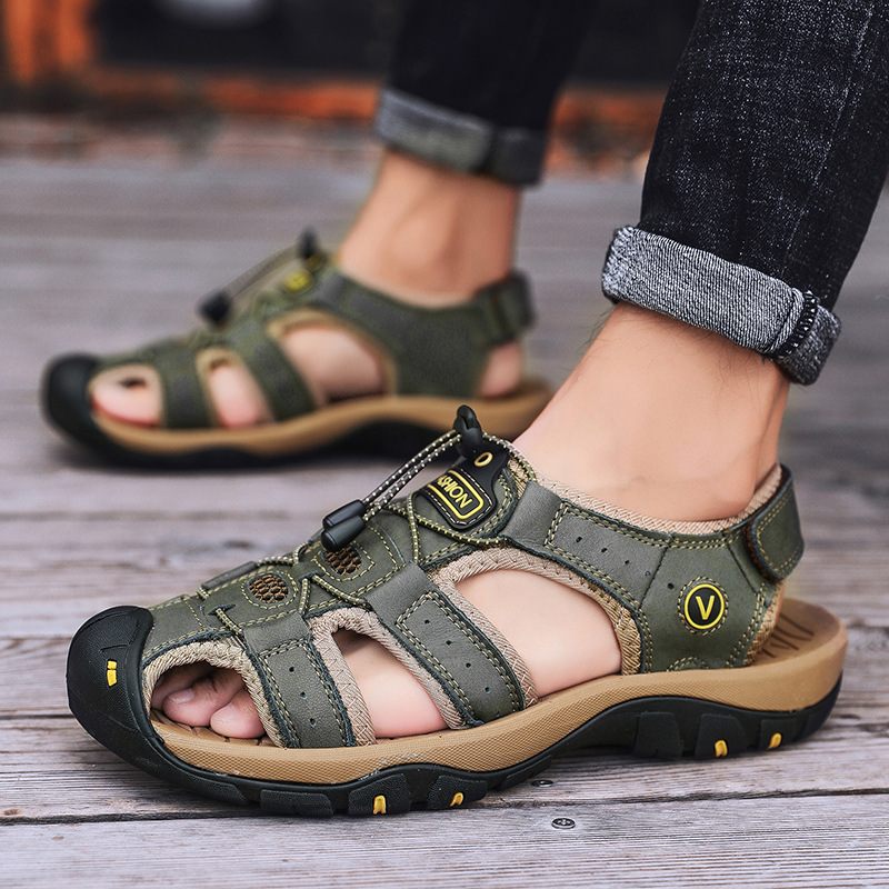 Grote Maten Zomer Heren Rundleer Baotou Casual Outdoor Lederen Strandsandalen