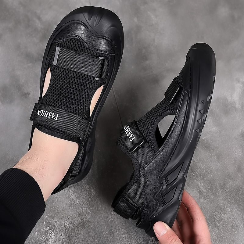 Heren Zomer Lederen Ademende Baotou Mesh Sandalen Met Zachte Zolen Dikke Fashion Casual Romeinse Antislip Strandschoenen