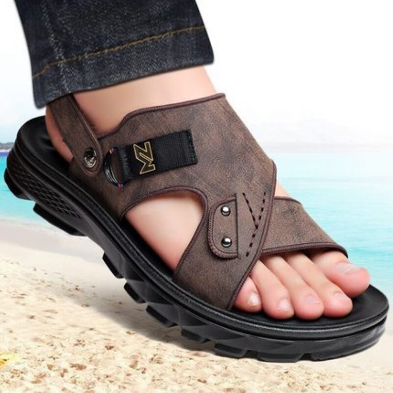 Herensandalen 2024 Nieuwe Trendy Zomerleren Leren Sandalen Met Zachte Zolen Dikke Strandschoenen Antislip Slippers Voor Tweeërlei Gebruik