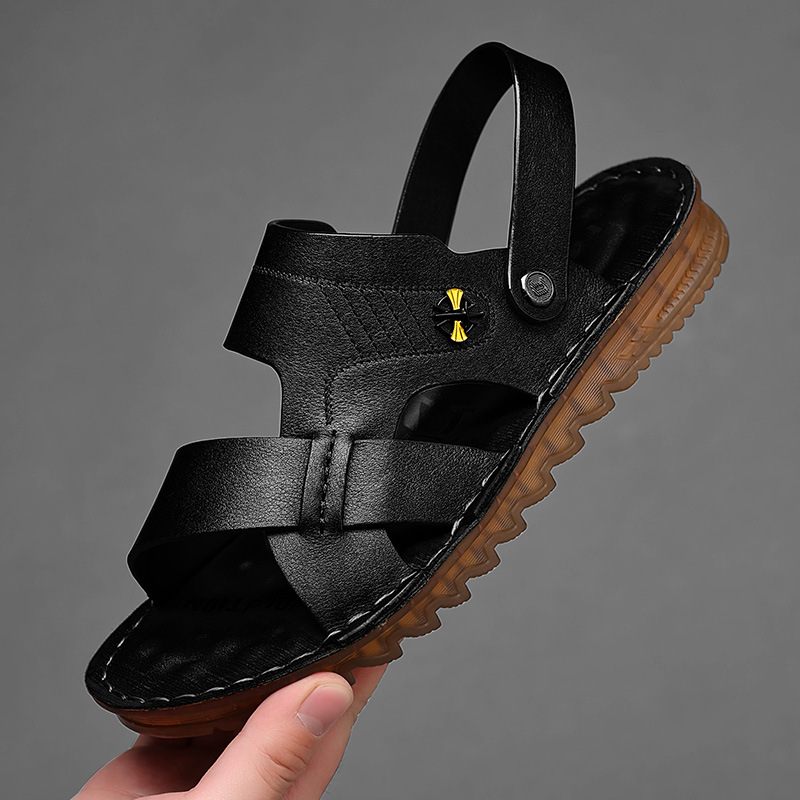 Leren Sandalen Heren 2024 Nieuwe Zomer Strandschoenen Lederen Peesbodem Antislip Slijtvaste Slippers Schoenen