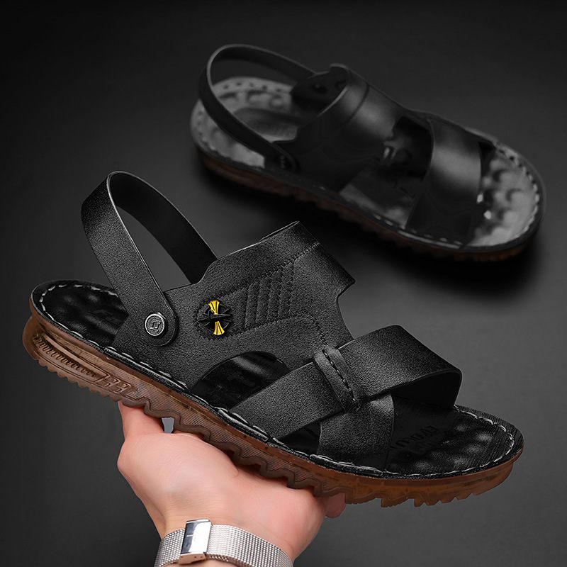 Leren Sandalen Heren 2024 Nieuwe Zomer Strandschoenen Lederen Peesbodem Antislip Slijtvaste Slippers Schoenen