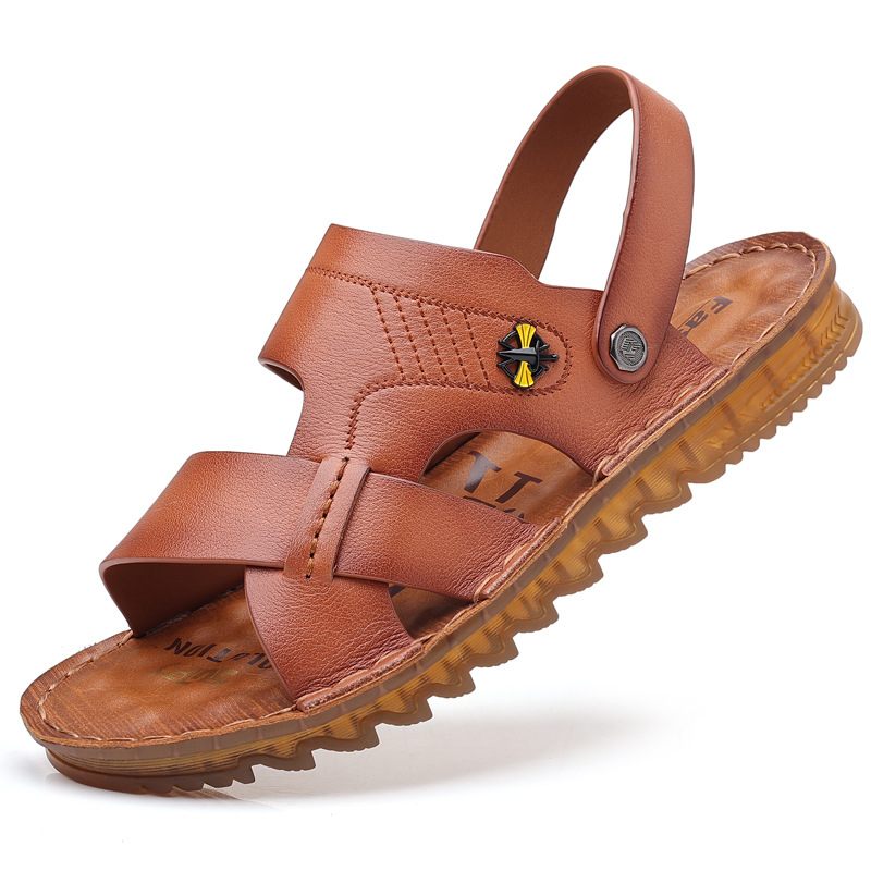 Leren Sandalen Heren 2024 Nieuwe Zomer Strandschoenen Lederen Peesbodem Antislip Slijtvaste Slippers Schoenen