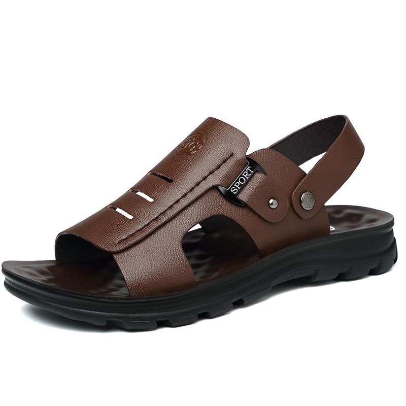 Mannen Zachte Lederen Sandalen 2024 Nieuwe Zomer Zolen Strand Schoenen Casual Tweeërlei Gebruik Jeugd Papa Slippers