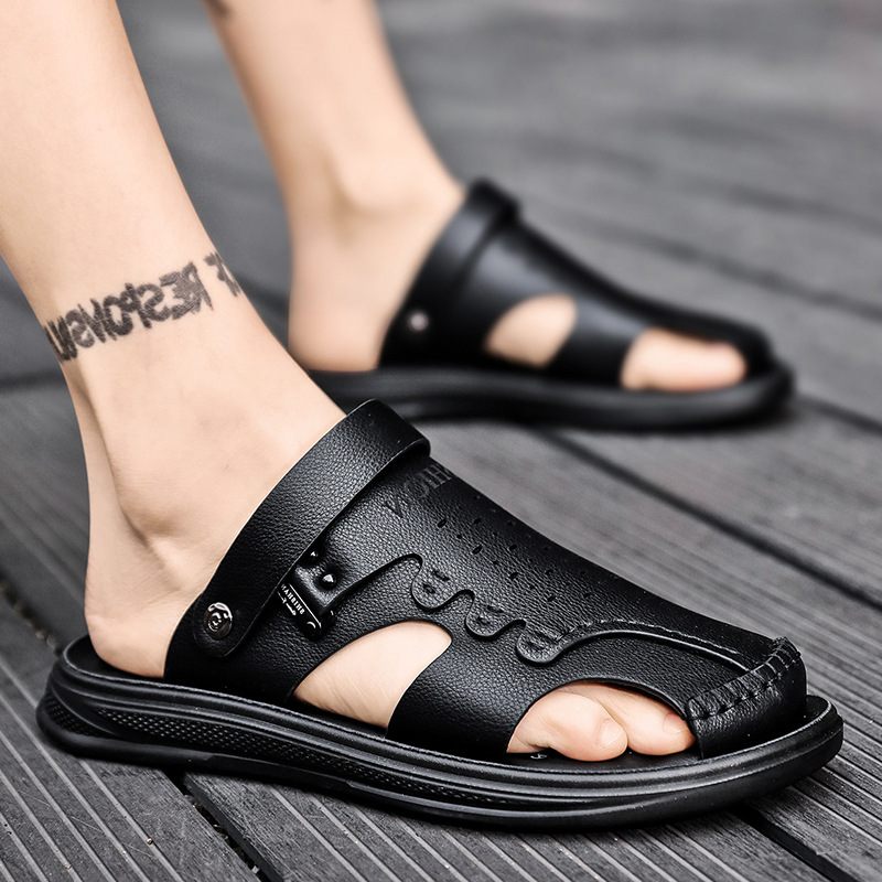 Sandalen Heren 2024 Nieuwe Zomertrend Casual Non-slip Deodorant Leren Pantoffels Voor Tweeërlei Gebruik