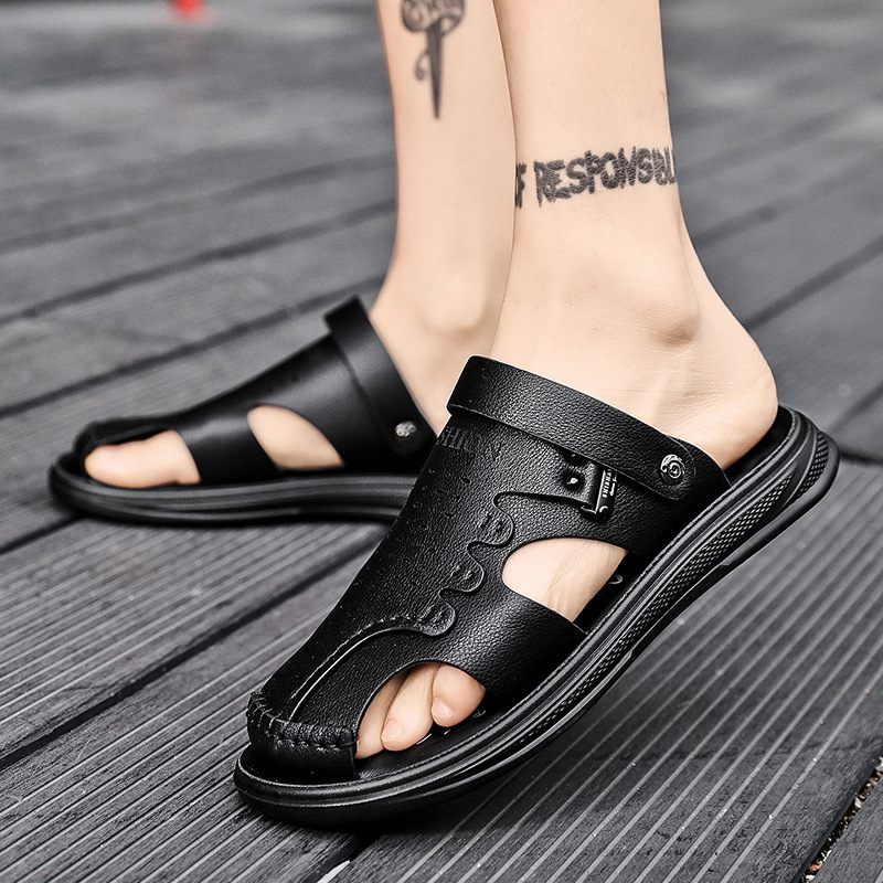 Sandalen Heren 2024 Nieuwe Zomertrend Casual Non-slip Deodorant Leren Pantoffels Voor Tweeërlei Gebruik