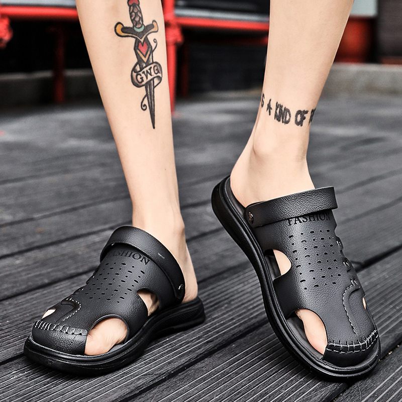 Sandalen Heren 2024 Nieuwe Zomertrend Casual Non-slip Deodorant Leren Pantoffels Voor Tweeërlei Gebruik