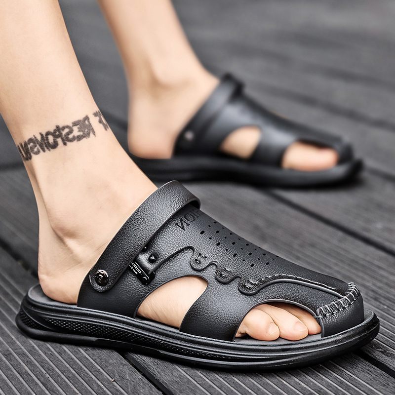 Sandalen Heren 2024 Nieuwe Zomertrend Casual Non-slip Deodorant Leren Pantoffels Voor Tweeërlei Gebruik