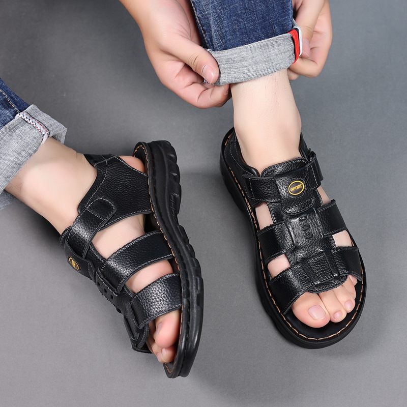 Sandalen Heren Leer 2024 Nieuwe Klittenband Antislip Slijtvaste Vrijetijdsschoenen Zomersandalen Slippers Schoenen