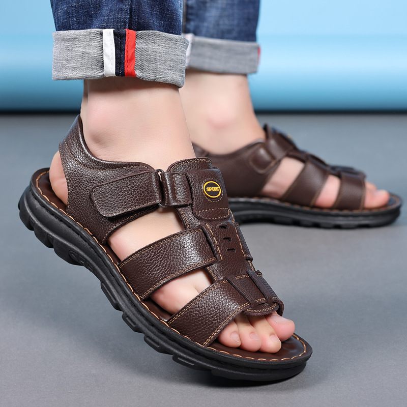 Sandalen Heren Leer 2024 Nieuwe Klittenband Antislip Slijtvaste Vrijetijdsschoenen Zomersandalen Slippers Schoenen