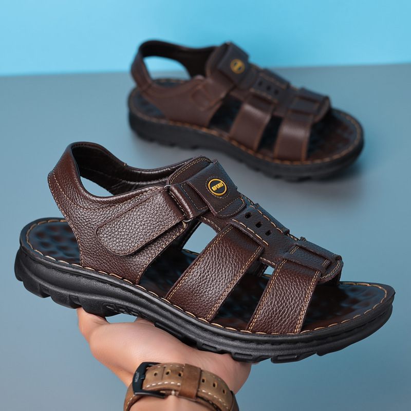 Sandalen Heren Leer 2024 Nieuwe Klittenband Antislip Slijtvaste Vrijetijdsschoenen Zomersandalen Slippers Schoenen