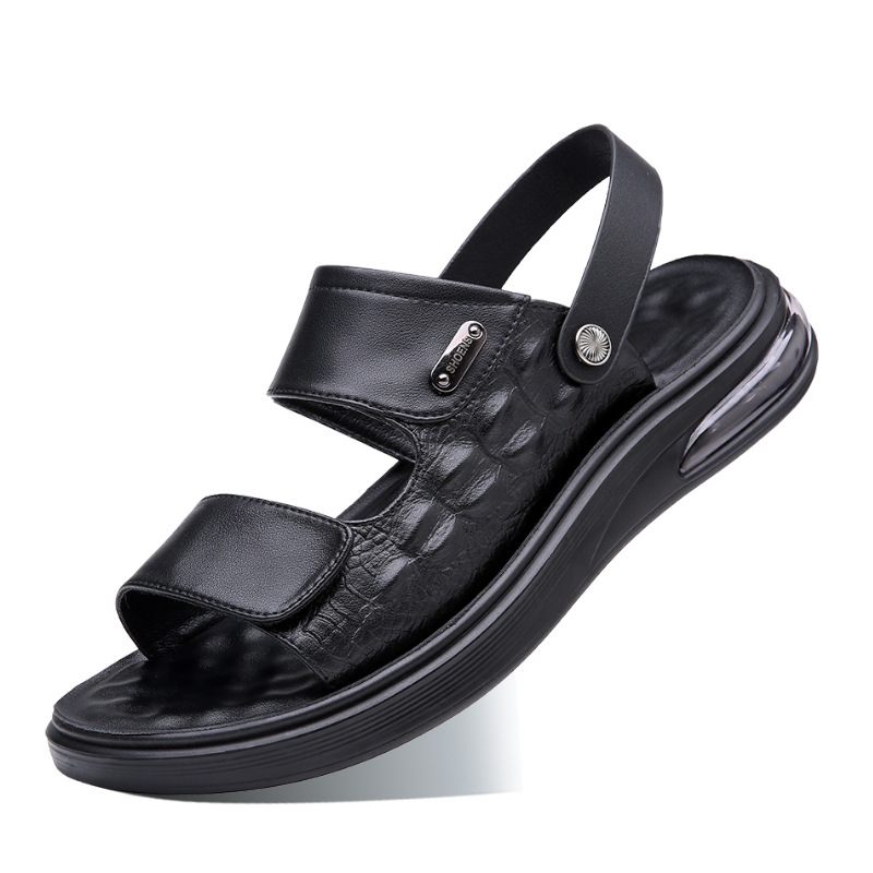 Sandalen Heren Zomer Zwarte Casual Nieuwe Schoenen Leren Dikke Bodem Antislip Slippers Voor Tweeërlei Gebruik Strandschoenen