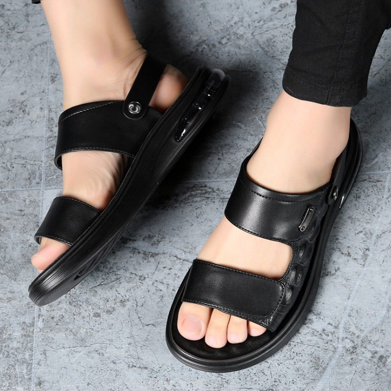 Sandalen Heren Zomer Zwarte Casual Nieuwe Schoenen Leren Dikke Bodem Antislip Slippers Voor Tweeërlei Gebruik Strandschoenen