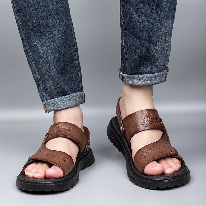 Sandalen Mannen 2024 Zomer Nieuwe Casual Strand Schoenen Echt Leer Mode Ademende Slippers Dikke Zolen Trend