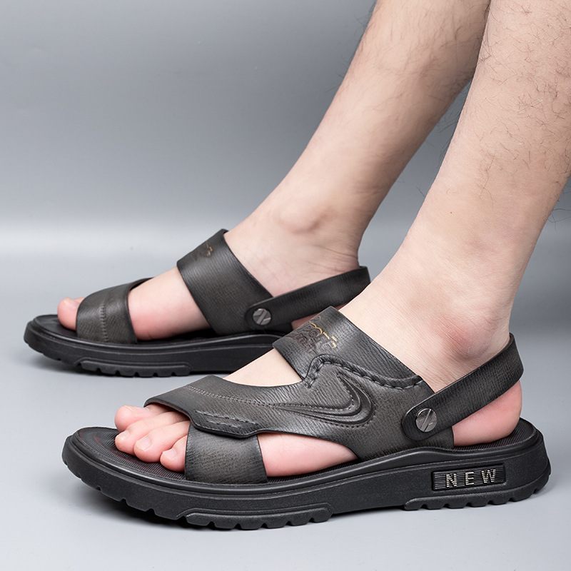 Sandalen Mannen 2024 Zomer Nieuwe Casual Strand Schoenen Echt Leer Mode Ademende Slippers Dikke Zolen Trend