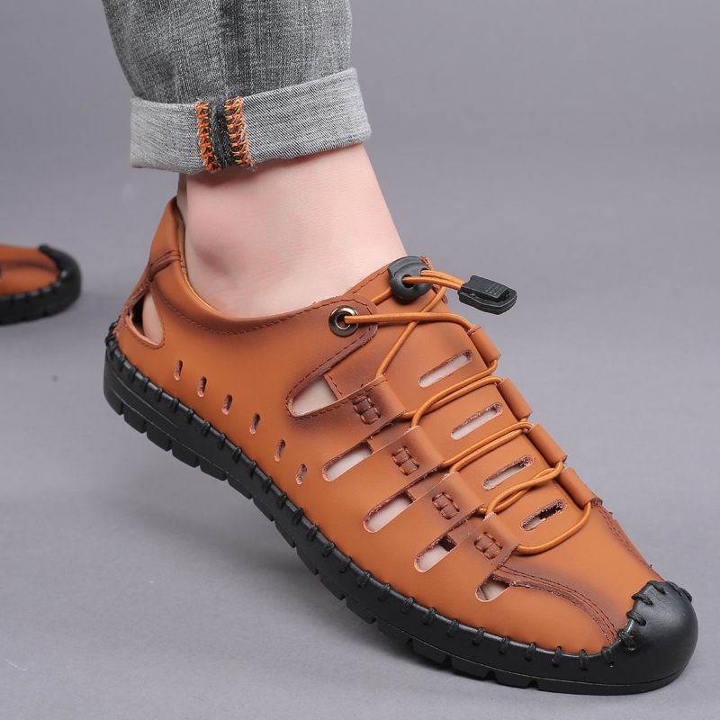 Zomer Nieuwe Heren Sandalen Echt Leer Casual Schoenen Mode Holle Baotou Ademende Herenschoenen Zacht