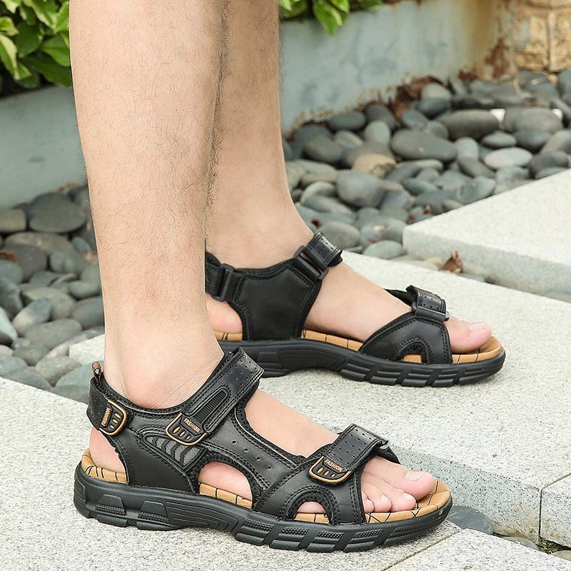 Zomer Sandalen Mannen Dikke Zool Open Teen Koeienhuid Heren Strand Schoenen Zachte Mode Grote Maat Outdoor Casual