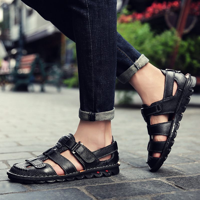 Zomerse Leren Sandalen Heren Antislip Strandschoenen Baotou Herensandalen Leer Grote Maat 48