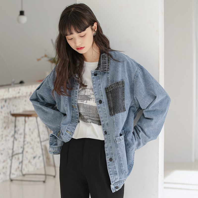 2024 Retro Color Block Denim Jacket Dames Mode Losse Jas