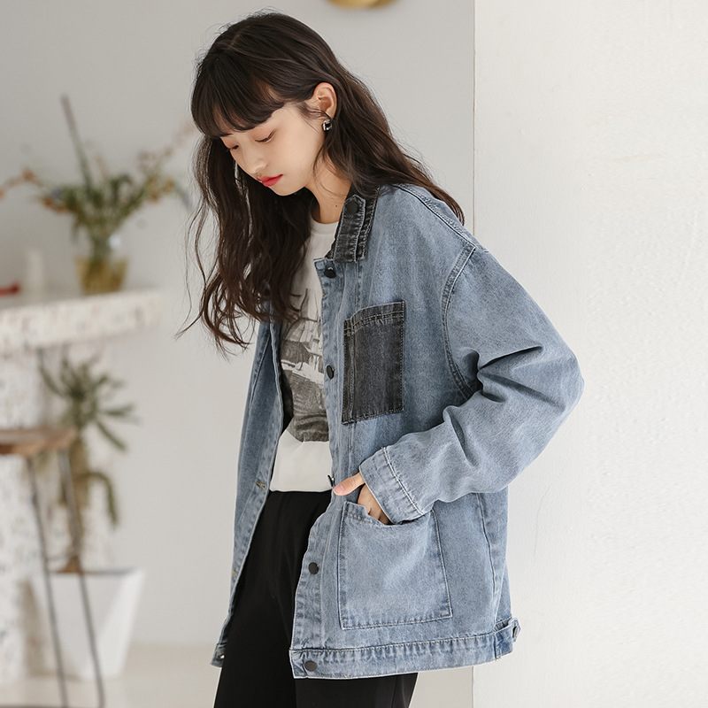 2024 Retro Color Block Denim Jacket Dames Mode Losse Jas