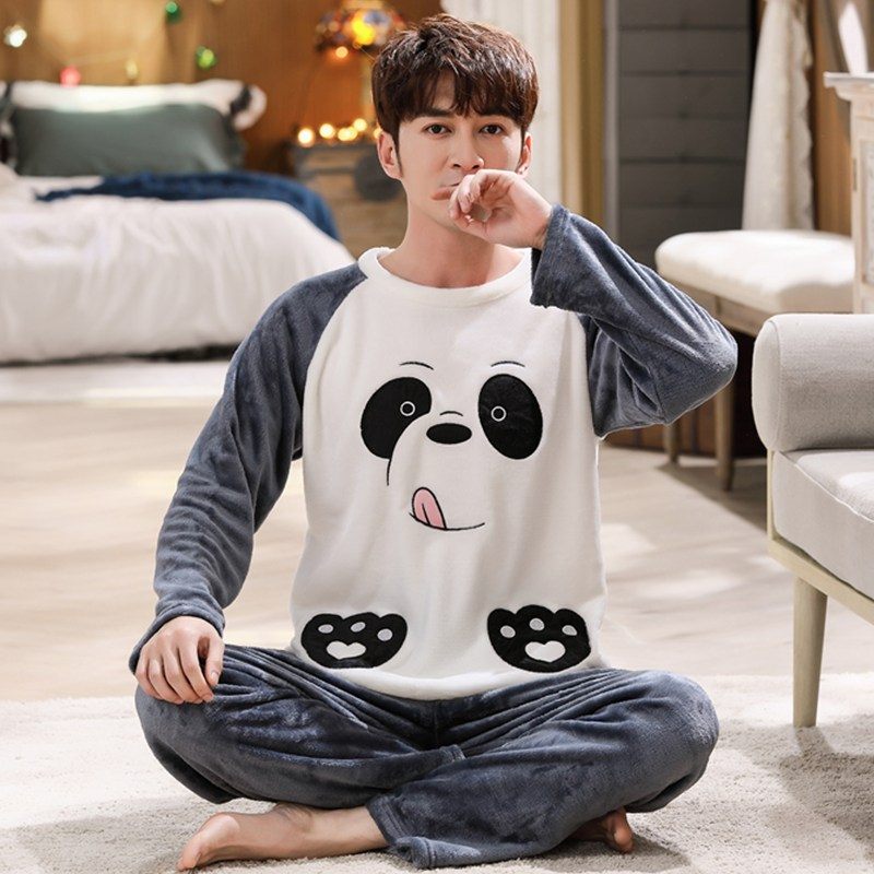 Flanellen Pyjama Mannen Lange Mouw Cartoon Coral Fleece Homewear Pak