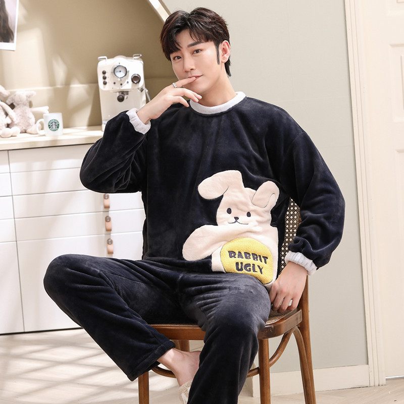 Flanellen Pyjama Mannen Lange Mouw Cartoon Coral Fleece Homewear Pak