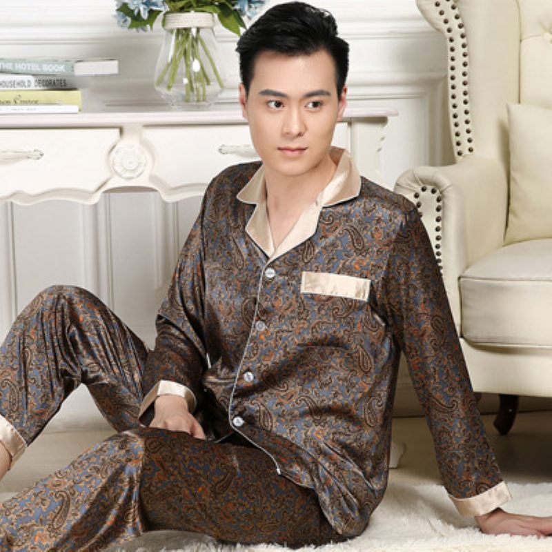 Heren Pyjama Zijden Sets Patronen Lange Mouwen Homewear