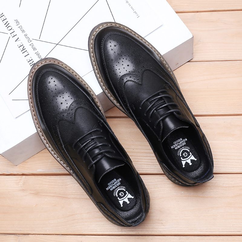 Brogue Schoenen Gesneden Herenschoenen Dikke Zool Lace Up Leer Zwart Business Formele Casual Dress