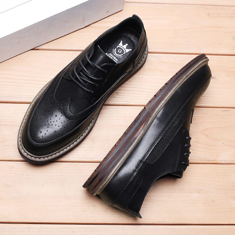 Brogue Schoenen Gesneden Herenschoenen Dikke Zool Lace Up Leer Zwart Business Formele Casual Dress