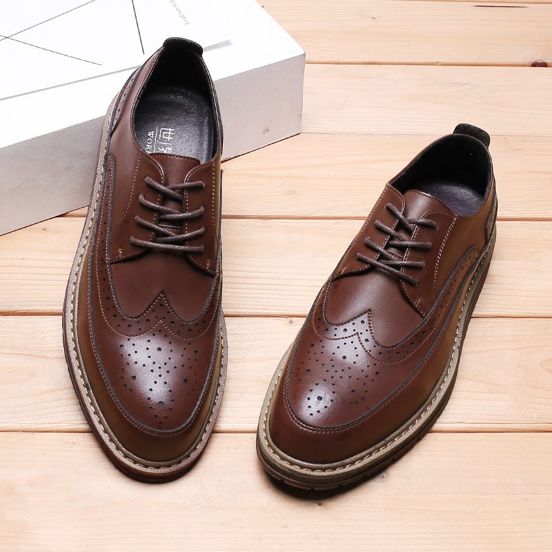 Brogue Schoenen Gesneden Herenschoenen Dikke Zool Lace Up Leer Zwart Business Formele Casual Dress