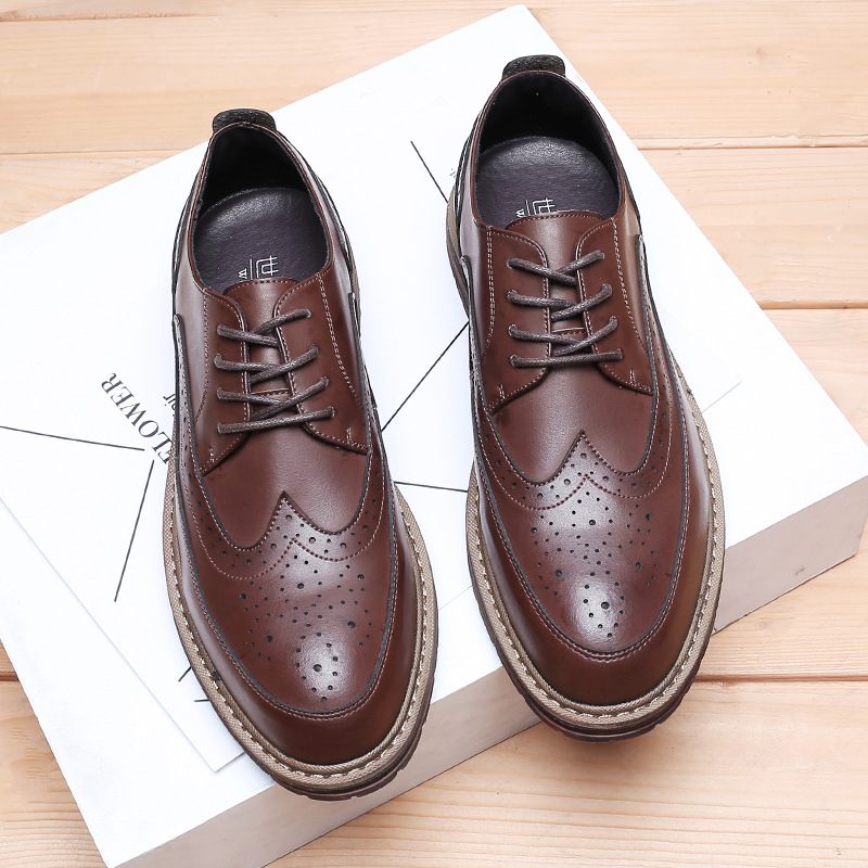 Brogue Schoenen Gesneden Herenschoenen Dikke Zool Lace Up Leer Zwart Business Formele Casual Dress