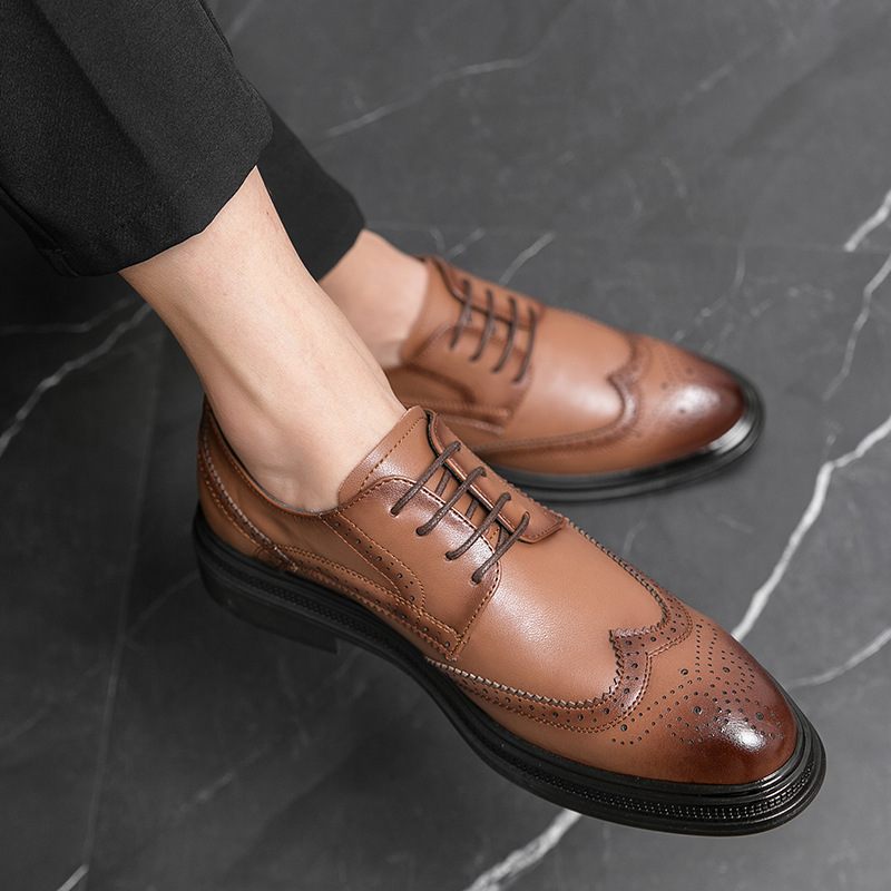 Business Casual Schoenen Heren 2024 Winter Nieuwe Lederen Brogue Puntschoen Geklede Herenschoenen Innerlijke Verhoging