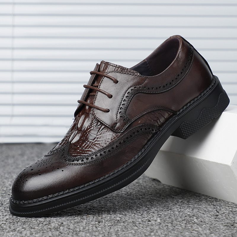 Nieuwe Herenschoenen Leer Puntschoen Jeugd Trend Formele Zakelijke Schoenen Lace-up Krokodil Patroon Brogue