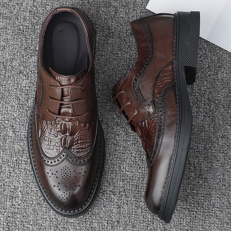 Nieuwe Herenschoenen Leer Puntschoen Jeugd Trend Formele Zakelijke Schoenen Lace-up Krokodil Patroon Brogue