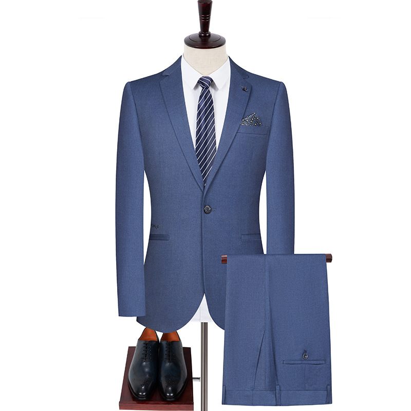 2024 Herenkostuum Effen Kleur Tweedelige Set Stretch Slim Fit Formele Jurk Met Eén Knop Blauw