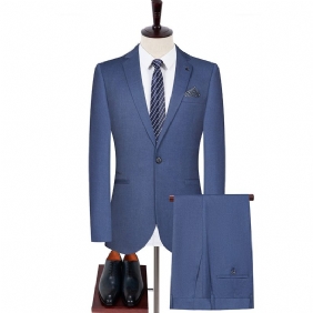 2024 Herenkostuum Effen Kleur Tweedelige Set Stretch Slim Fit Formele Jurk Met Eén Knop Blauw