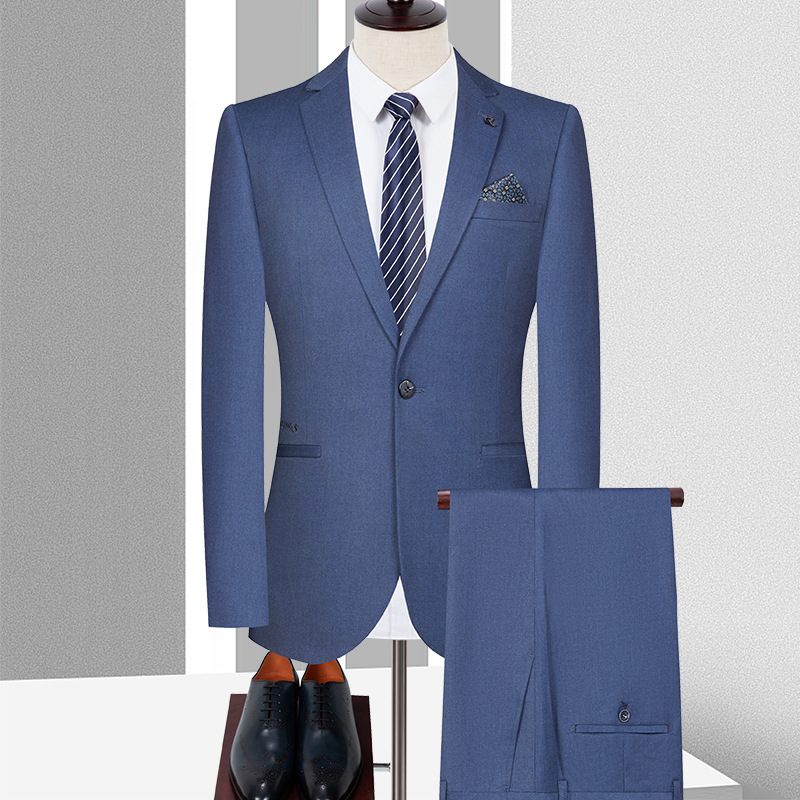 2024 Herenkostuum Effen Kleur Tweedelige Set Stretch Slim Fit Formele Jurk Met Eén Knop Blauw