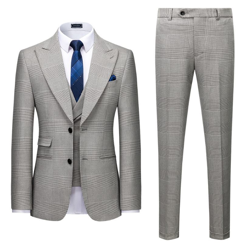 Herenkostuum Slim Business Casual Grijs Geruit Driedelig Pak