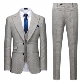 Herenkostuum Slim Business Casual Grijs Geruit Driedelig Pak