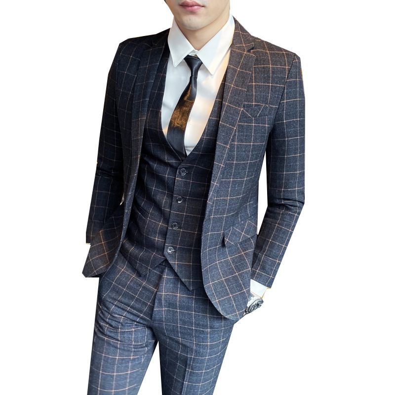 Suits Heren Driedelig Pak Slim Plaid Business