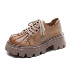 2024 Lente Schoenen Koeienhuid Casual Retro Damesschoenen Leer Dikke Hak Bodem Lace-up Platte Vrouwen