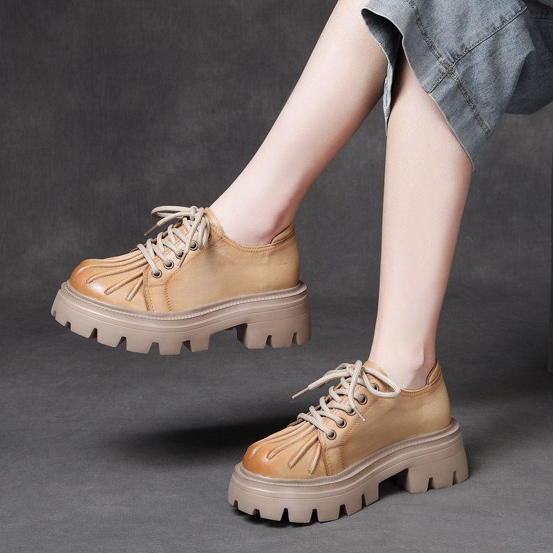 2024 Lente Schoenen Koeienhuid Casual Retro Damesschoenen Leer Dikke Hak Bodem Lace-up Platte Vrouwen