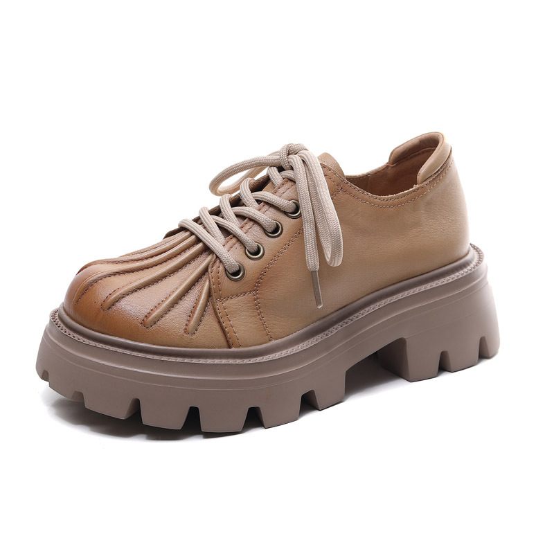 2024 Lente Schoenen Koeienhuid Casual Retro Damesschoenen Leer Dikke Hak Bodem Lace-up Platte Vrouwen