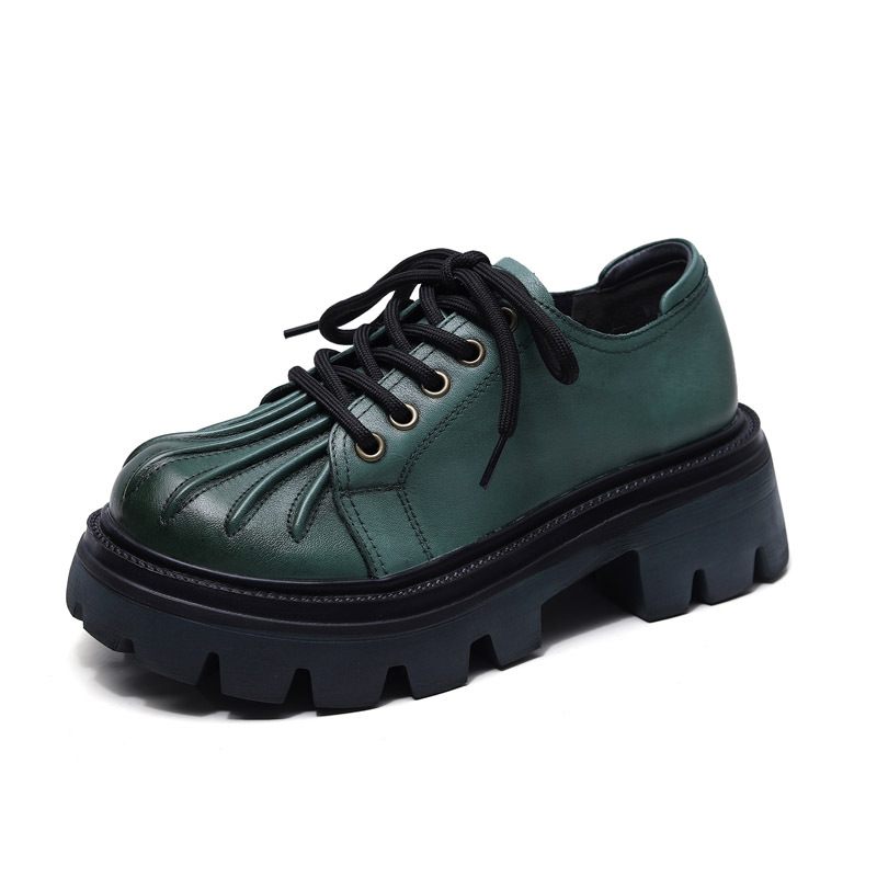 2024 Lente Schoenen Koeienhuid Casual Retro Damesschoenen Leer Dikke Hak Bodem Lace-up Platte Vrouwen