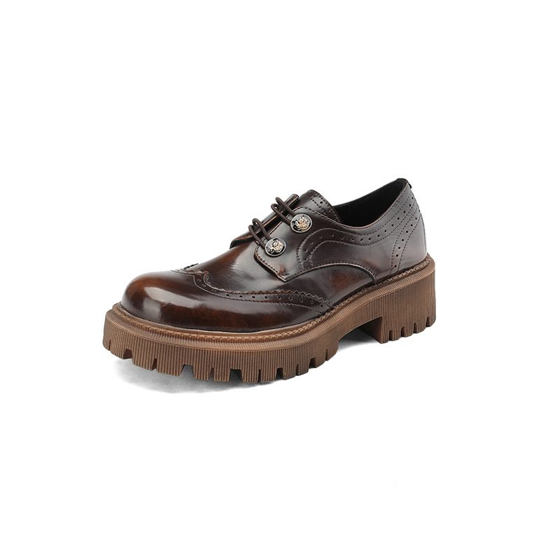 Brogue Schoenen Formele 2024 Lente Leer Dikke Middenhak Oxford Diepe Mond Platte Dames