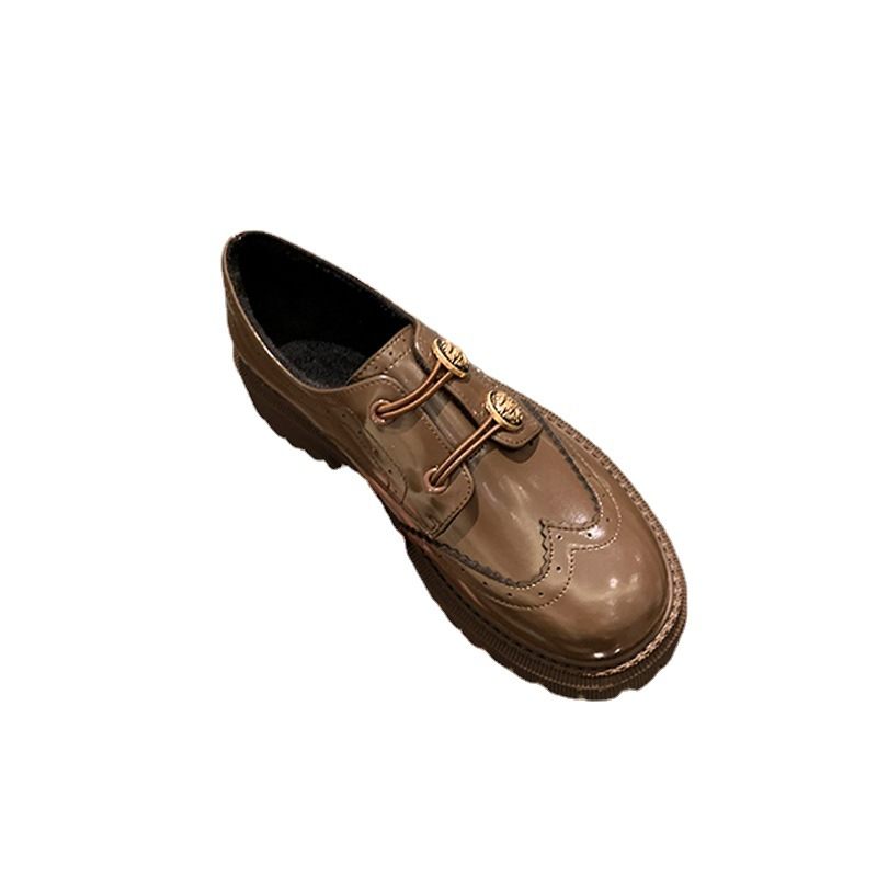 Brogue Schoenen Retro Gesneden Loafers Vrouwen Metalen Ronde Neus Dikke Zool Jurk Mode Platte